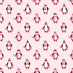 Pink Christmas Seamless Pattern with cute little penguins  great for scrapbooking, textile and wrapping. Vector illustration.