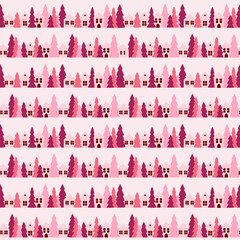 Pink Landscape Christmas Seamless Pattern with Forest and Houses great for scrapbooking, textile and wrapping. Vector illustration.