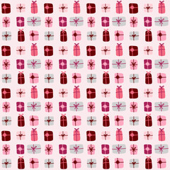 Pink Christmas Seamless Pattern with gift boxes great for scrapbooking, textile and wrapping. Vector illustration