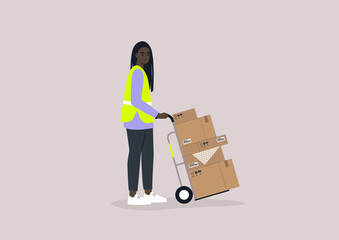 A young female African storage worker wearing a high visibility yellow vest