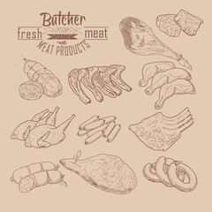 Set of meat products and meat delicacies. Sausages, ham, bacon, lard, salami in sketch style.