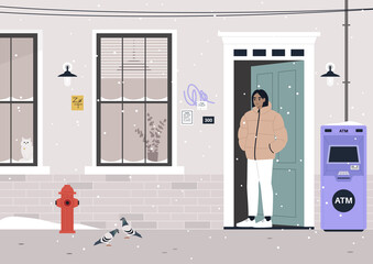 Snowy winter season, a young female character walking outside of their house, feather puffer jacket outfit