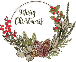 christmas wreath with holly berries. tree branches, holly leaves and hanging decorations. Sketched isolated x-mas garland on white background with text
