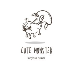 Vector card with cute cartoon monster. Funny fictional animal . Doodle line art creature print. Childrens fairy tale poster.