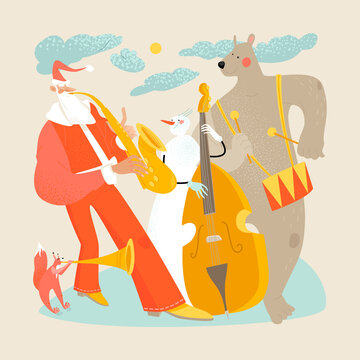 Santa Claus, snowman bear and squirrel play musical instruments. Christmas illustration