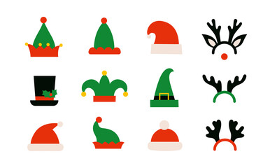 Christmas hats isolated illustrations. Red Santa Claus hat. Elves or gnomes hats. Cartoon reindeer antlers. Top hat with holly leaves and berries. Winter holiday clipart