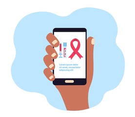 HIV testing concept landing page on smartphone. Test tube with blood, syringe and red ribbon on white background