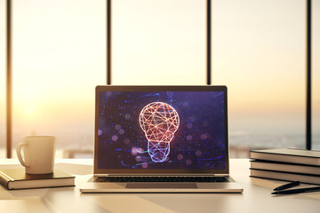 Creative idea concept with light bulb illustration on modern laptop screen. 3D Rendering