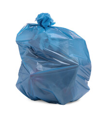 Full light blue garbage bag isolated on white