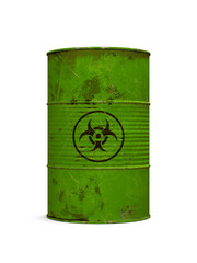 biohazard wastes, green metal barrel isolated on white	