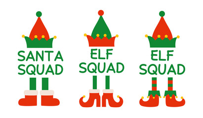 Santa Claus squad Christmas design. Cartoon elf squad isolated illustrations. Elf hat and elf shoes. Christmas monogram - obrazy, fototapety, plakaty