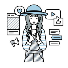 立ってスマートフォンでさまざまなSNSで楽しく交流する農家の女性