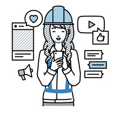 立ってスマートフォンでさまざまなSNSで楽しく交流する工事現場の女性
