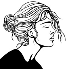 vector line art black and white sketch of a woman in profile with beautiful hair and eyes closed from pleasure isolated on white background. useful for printing, postcards, posters, advertising.