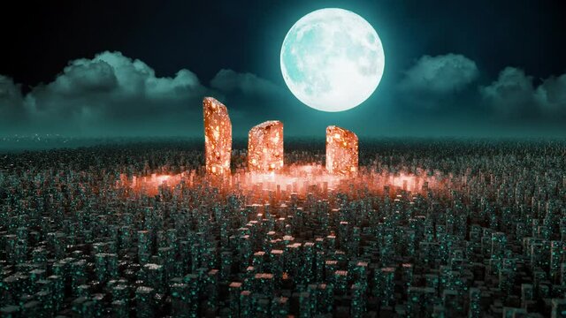 Sci fi Futuristic City at night, Full Moon