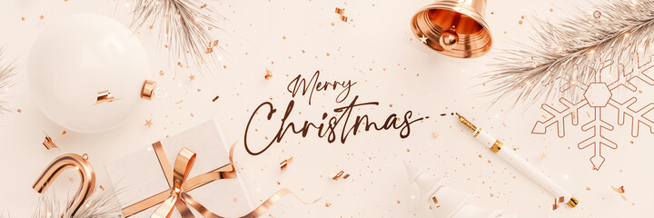 Merry Christmas text with Christmas decoration and pen on white background 3D Rendering, 3D...