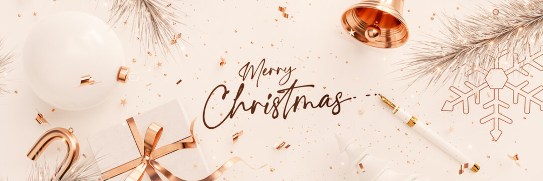 Merry Christmas text with Christmas decoration and pen on white background 3D Rendering, 3D Illustration