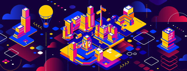 Vector illustration of neon color night city street with light on dark background with cloud. Isometric style design