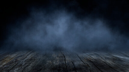 Dark street, wet asphalt, reflections of rays in the water. Abstract dark blue background, smoke,...
