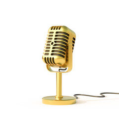 Golden vintage microphone isolate on white background 3D render