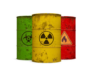 toxic wastes, metal barrels isolated on white