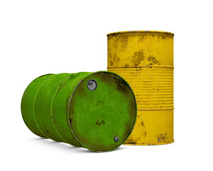 green and yellow metal barrels isolated on white	