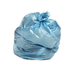 Obraz premium Blue trash bag filled with garbage isolated on white