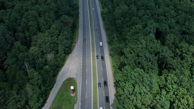 A motorcade of the cars on the highway, the forest on background. High quality. 4k