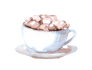 Mug with hot cocoa and sweetness isolated on white background. Watercolor illustration. Marshmallows and whipped cream.