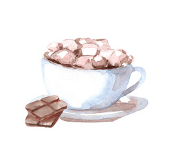 Watercolor illustration of a mug of cocoa and a slice of black bitter chocolate. Autumn, cold season. Sweets, wafer rolls, whipped cream