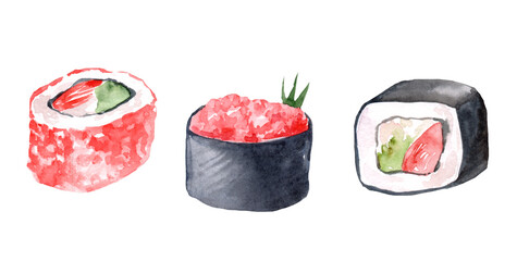 Set of watercolor illustrations of sushi and rolls. Gunkan, philadelphia, california, roll with salmon, avocado and cucumber. Fish and seafood, caviar.