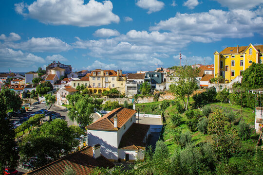 City streets of Abrantes, Portugal. St. Vincent church and St. Peter hill with the D. Nuno Alvares Pereira monument