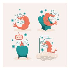 Vector illustration of cartoon shrimp. Shrimp is watching TV. Shrimp in the shower. Shrimp in the chair.
