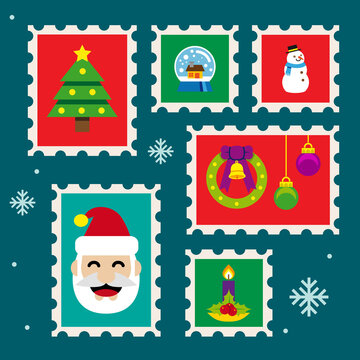 set of christmas stamps with santa claus and christmas tree