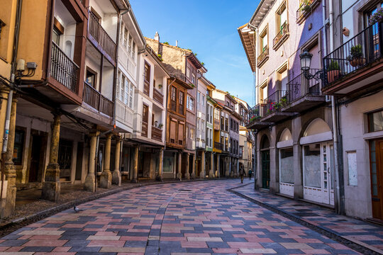 Aviles - Spain. City Streets, Colegio San Nicolás de Bari, Iglesia de Santo Tomás de Canterbury, sidrerias. Beautiful city streets in Aviles - Spain