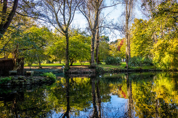 City Park of Aviles - Spain with autumn foliage in a sunny day. City park with ducks in the lake. Ferrera Park in Aviles, Spain