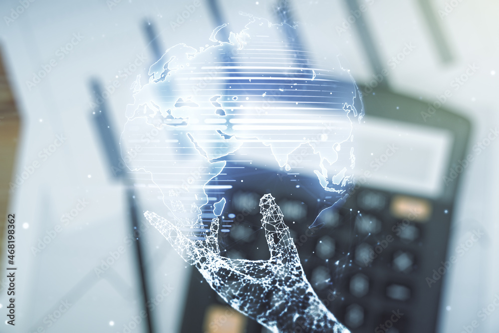 Poster Double exposure of abstract digital world map hologram on calculator and papers background, big data and blockchain concept