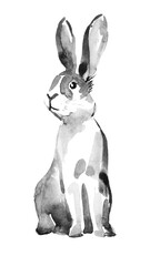 Fototapeta na wymiar watercolor one black rabbit small banny easter is sitting and funny happy animal have white isolated background