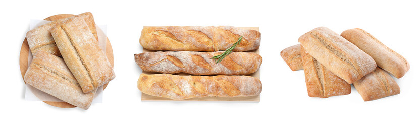 Set with fresh delicious ciabattas and baguettes on white background. Banner design