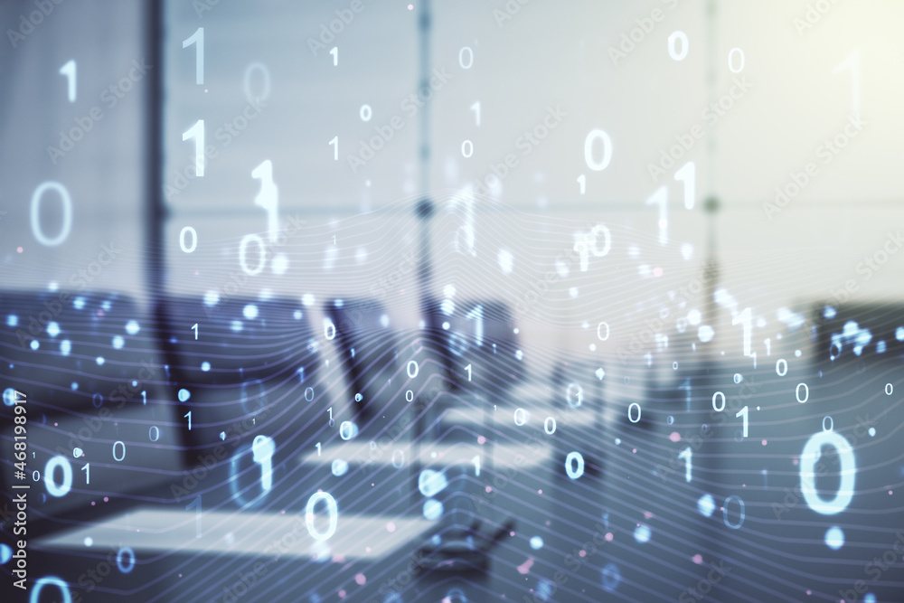 Poster abstract virtual binary code illustration on a modern conference room background. big data and codin