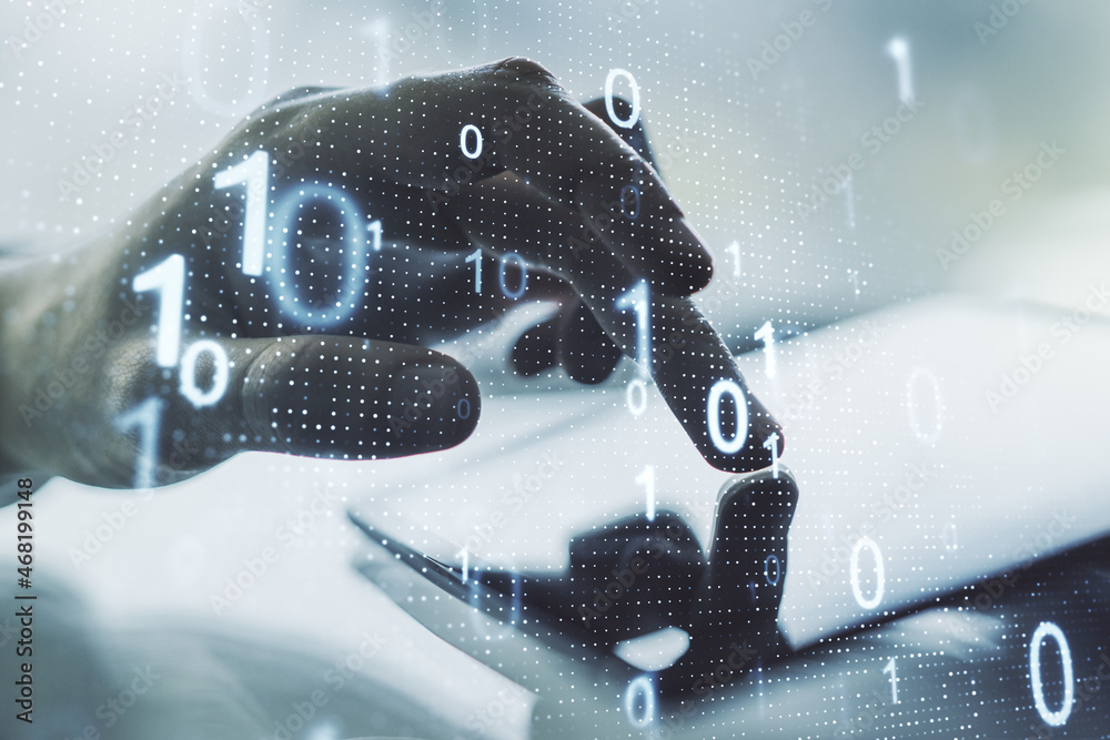 Leinwandbilder Double exposure of creative abstract binary code hologram and finger clicks on a digital tablet on background. Database and programming concept
