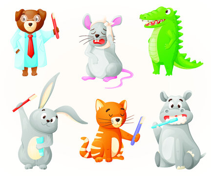 Set of vector illustrations of cartoon animals with toothbrushes and toothpaste, dentist and dental health care.