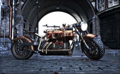 Fototapeta na wymiar Steam punk inspired motorcycle with period architecture background. 3d rendering