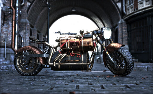 Steam punk inspired motorcycle with period architecture background. 3d rendering