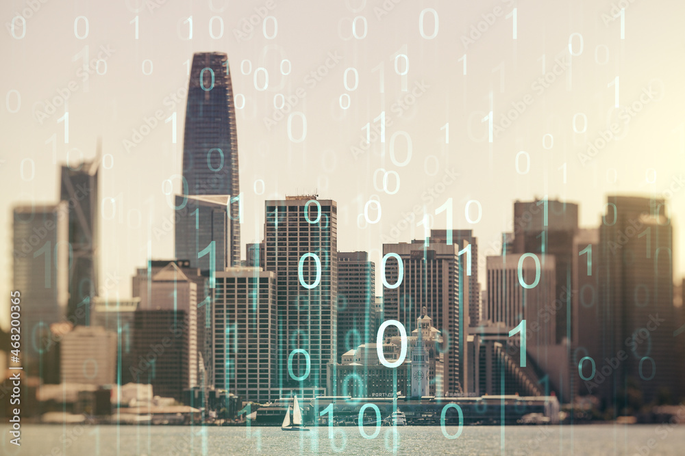 Leinwandbilder abstract virtual binary code hologram on san francisco cityscape background, ai and machine learning