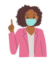 Pretty African-American girl in a protective mask makes an offer to business clients, explains something. Illustration about inspiration and ideas for business, marketing, SEO