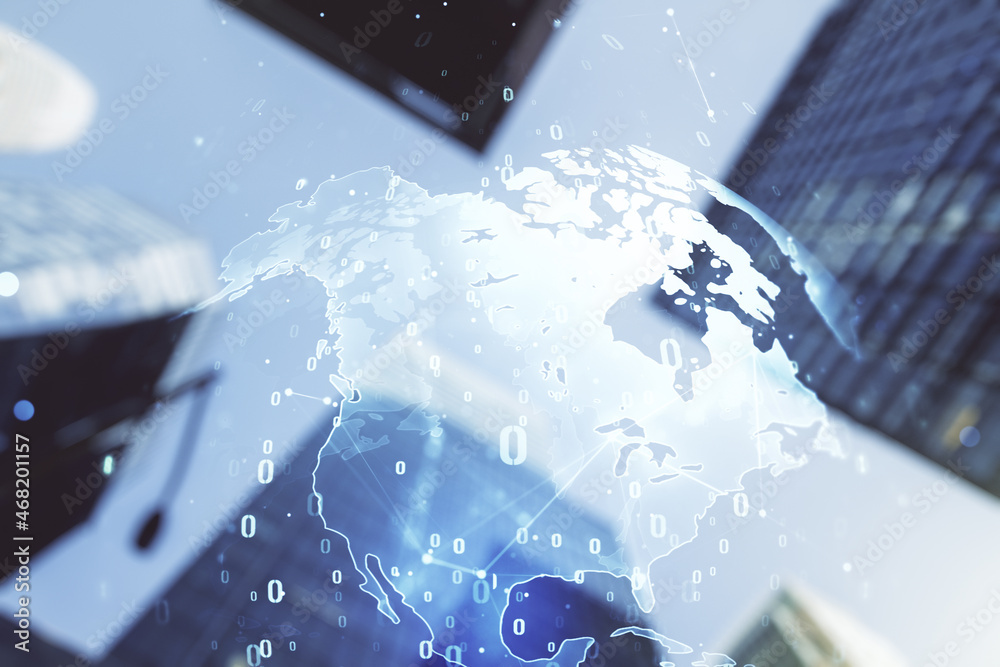 Aufkleber double exposure of abstract programming language hologram and world map on modern skyscrapers backgr