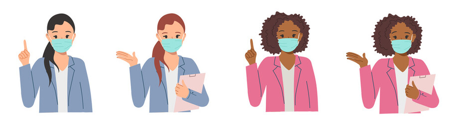 Business girls of different nations in masks who make offers to clients. Illustrations of African-American woman and light-skinned woman in office clothes