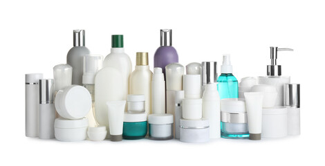 Many different cosmetic products on white background