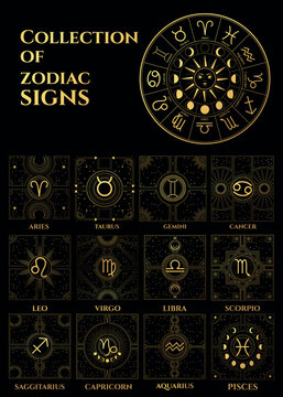 collection of horoscope sign in mystic style, black and gold colours